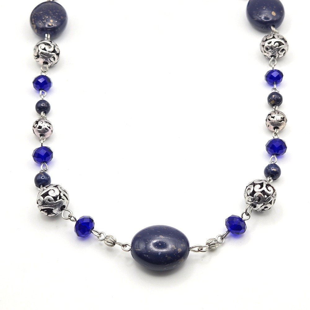 RMN Navy Blue‎ Gold Fleck Cobalt Crystal Silver Tone Filigree Beaded Necklace